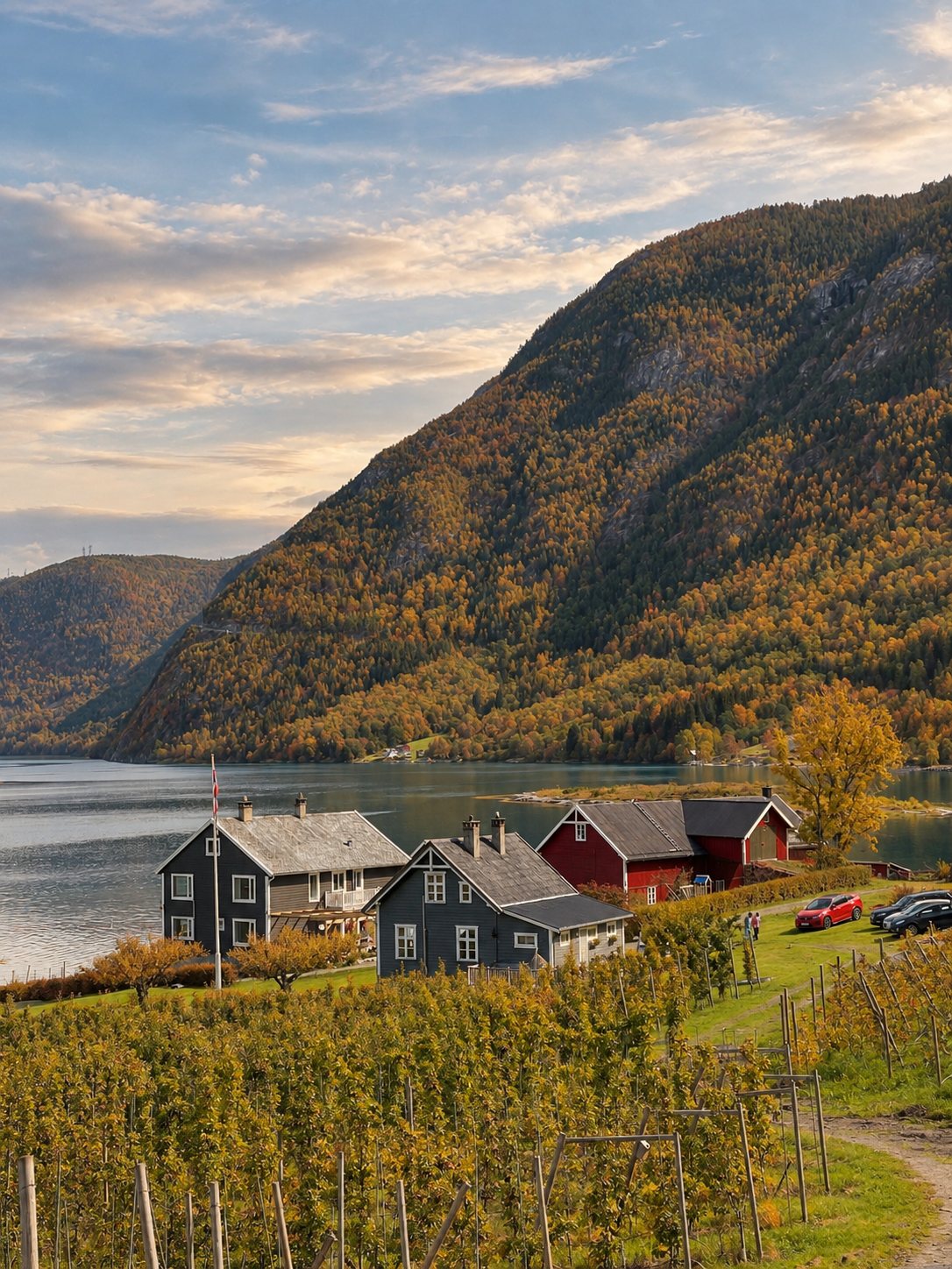 Gården på Fimreite i høstfarger, med Sognefjorden og fjellene bak